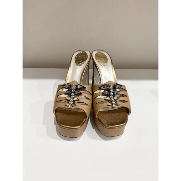 NWOT René Caovilla Leather Glitter Block Heel Slide Platform Sandals Beige EU 42 - Picture 3 of 7